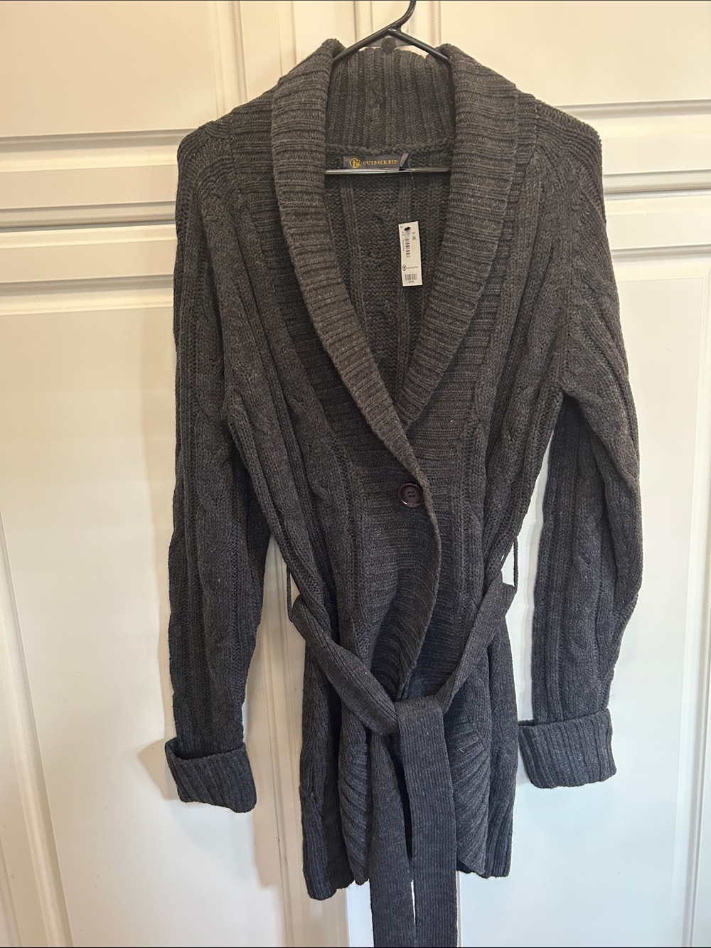 Outback Red Gray Cable-Knit Shawl Collar Belted Cardigan